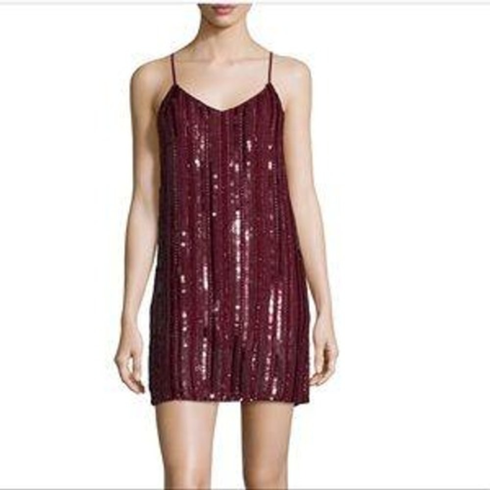 MLV Burgundy Sequin Slip Mini Dress‎ Spaghetti Straps V Neck Style Blake